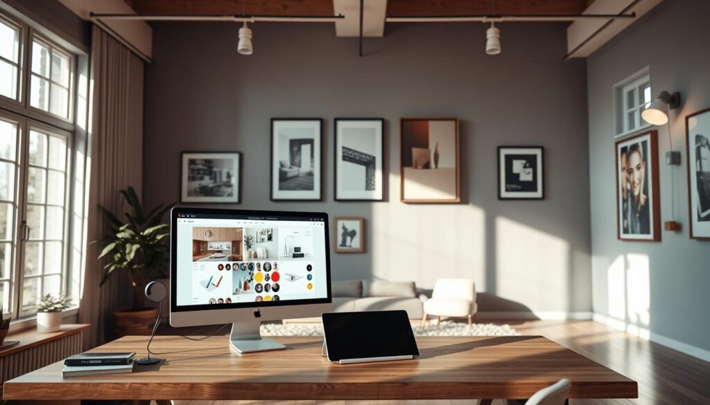 A well-lit, modern interior design studio filled with an array of AI-powered tools and software for crafting elegant, personalized home decors. In the foreground, a sleek desktop computer with a large monitor displays 3D rendering models and color palettes. Nearby, a tablet with a stylus rests on a minimalist wooden desk, enabling tactile design adjustments. Hanging on the walls, framed digital mood boards and mood lighting controls showcase the AI's creative capabilities. In the background, floor-to-ceiling windows flood the space with natural light, casting a warm, inviting glow over the scene. An atmosphere of innovation and artistic expression permeates the room, reflecting the transformative power of AI in the realm of interior design. A well-lit, modern interior design studio filled with an array of AI-powered tools and software for crafting elegant, personalized home decors. In the foreground, a sleek desktop computer with a large monitor displays 3D rendering models and color palettes. Nearby, a tablet with a stylus rests on a minimalist wooden desk, enabling tactile design adjustments. Hanging on the walls, framed digital mood boards and mood lighting controls showcase the AI's creative capabilities. In the background, floor-to-ceiling windows flood the space with natural light, casting a warm, inviting glow over the scene. An atmosphere of innovation and artistic expression permeates the room, reflecting the transformative power of AI in the realm of interior design.