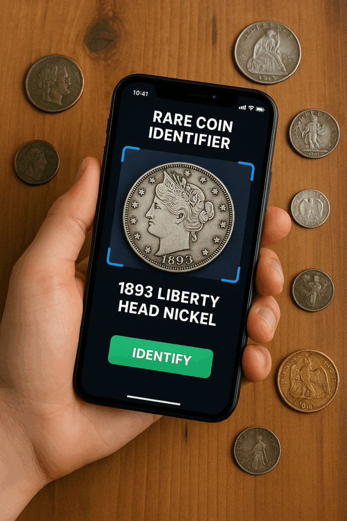 A smartphone being held up, capturing a close-up photo of a rare vintage coin against a clean, minimalist background. The coin's details are crisp and clear, showcasing its intricate design and condition. Soft, diffused lighting from the side creates depth and highlights the coin's metallic sheen. The phone's camera interface is visible, featuring intuitive controls and options for image analysis and identification. The overall scene conveys a sense of discovery, expertise, and the powerful capabilities of mobile technology in evaluating collectible items.