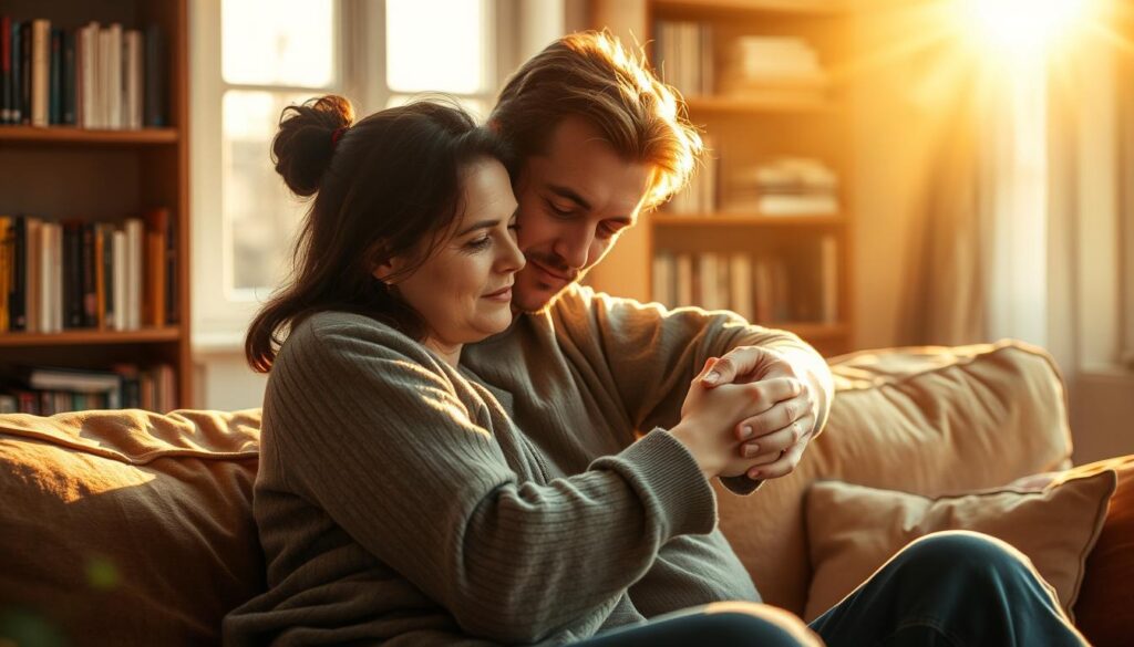 Warm afternoon light filters through the window, casting a golden glow on a couple embracing on a weathered couch. Their faces reflect a mix of tenderness and resilience, as they find solace in each other's arms during uncertain times. In the background, a bookshelf stands as a silent witness, hinting at the depth of their shared experiences. The scene conveys a sense of intimacy and hope, despite the challenges they face, suggesting the power of love to transcend even the most difficult circumstances. Warm afternoon light filters through the window, casting a golden glow on a couple embracing on a weathered couch. Their faces reflect a mix of tenderness and resilience, as they find solace in each other's arms during uncertain times. In the background, a bookshelf stands as a silent witness, hinting at the depth of their shared experiences. The scene conveys a sense of intimacy and hope, despite the challenges they face, suggesting the power of love to transcend even the most difficult circumstances.