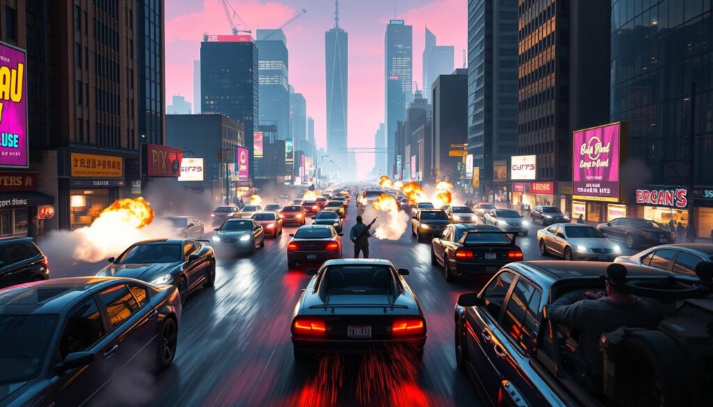 A bustling Grand Theft Auto multiplayer scene, captured in a dynamic, cinematic frame. In the foreground, players engage in high-speed chases, weaving through traffic-filled city streets lined with towering skyscrapers. Gunfire erupts as rival gangs clash, their vehicles leaving trails of smoke and debris in their wake. The middle ground reveals a diverse cast of characters, each with their own distinct styles and personas, all vying for dominance in this chaotic open world. In the background, the neon-lit cityscape pulses with energy, accentuated by dramatic lighting that casts long shadows and creates a sense of depth and atmosphere. The overall mood is one of unbridled mayhem and thrilling unpredictability, capturing the essence of multiplayer Grand Theft Auto. A bustling Grand Theft Auto multiplayer scene, captured in a dynamic, cinematic frame. In the foreground, players engage in high-speed chases, weaving through traffic-filled city streets lined with towering skyscrapers. Gunfire erupts as rival gangs clash, their vehicles leaving trails of smoke and debris in their wake. The middle ground reveals a diverse cast of characters, each with their own distinct styles and personas, all vying for dominance in this chaotic open world. In the background, the neon-lit cityscape pulses with energy, accentuated by dramatic lighting that casts long shadows and creates a sense of depth and atmosphere. The overall mood is one of unbridled mayhem and thrilling unpredictability, capturing the essence of multiplayer Grand Theft Auto.