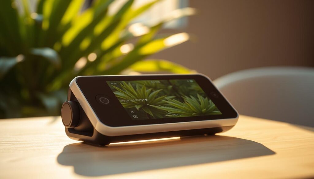 A detailed, close-up view of a modern, sleek-designed plant identification device, showcasing its intuitive touchscreen interface and high-resolution camera. The device is placed on a minimalist, light-colored wooden table, bathed in warm, directional lighting that casts soft shadows, creating a sense of depth and highlighting the device's elegant form. The background is blurred, with hints of lush, verdant foliage peeking through, suggesting the natural environment in which this intelligent plant identifier would be used. The overall mood is one of streamlined functionality, technological sophistication, and a seamless integration with the natural world.
