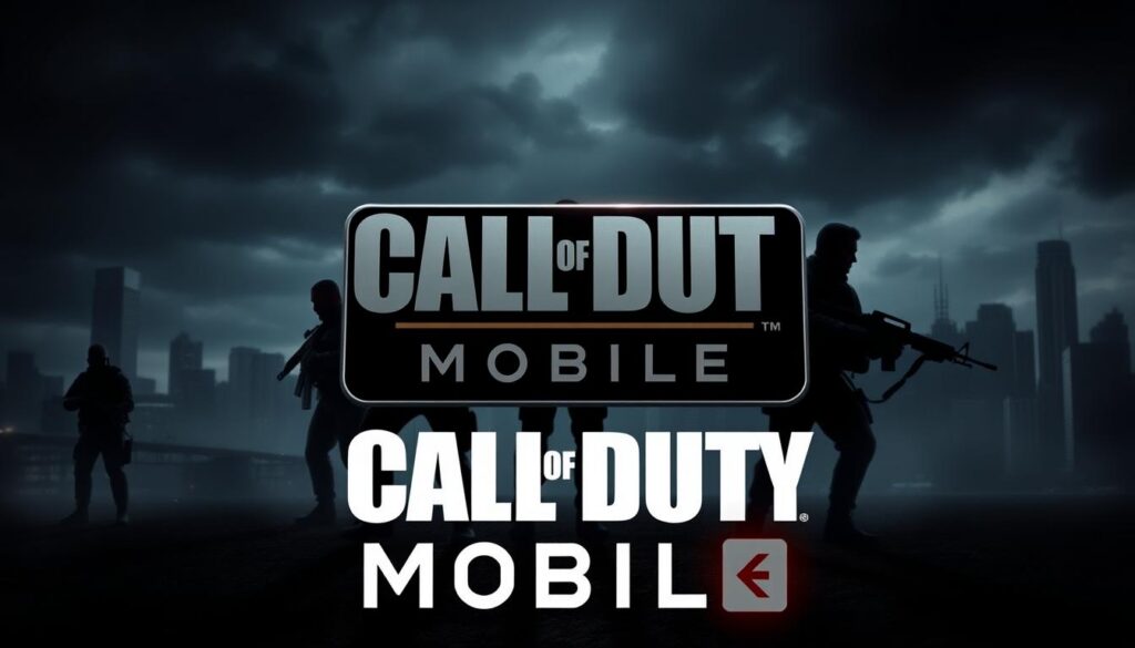 A dramatic, high-contrast scene showcasing the "Call of Duty Mobile" game logo against a dark, gritty backdrop. The logo hovers in the foreground, its angular design accentuated by dramatic lighting and shadows. In the middle ground, the silhouettes of heavily armed soldiers emerge from the shadows, their weapons at the ready. In the distant background, a city skyline, with towering skyscrapers and a moody, ominous sky, suggests the intense, action-packed setting of the game. The overall composition conveys a sense of power, tension, and the immersive, cinematic experience of "Call of Duty Mobile". A dramatic, high-contrast scene showcasing the "Call of Duty Mobile" game logo against a dark, gritty backdrop. The logo hovers in the foreground, its angular design accentuated by dramatic lighting and shadows. In the middle ground, the silhouettes of heavily armed soldiers emerge from the shadows, their weapons at the ready. In the distant background, a city skyline, with towering skyscrapers and a moody, ominous sky, suggests the intense, action-packed setting of the game. The overall composition conveys a sense of power, tension, and the immersive, cinematic experience of "Call of Duty Mobile".