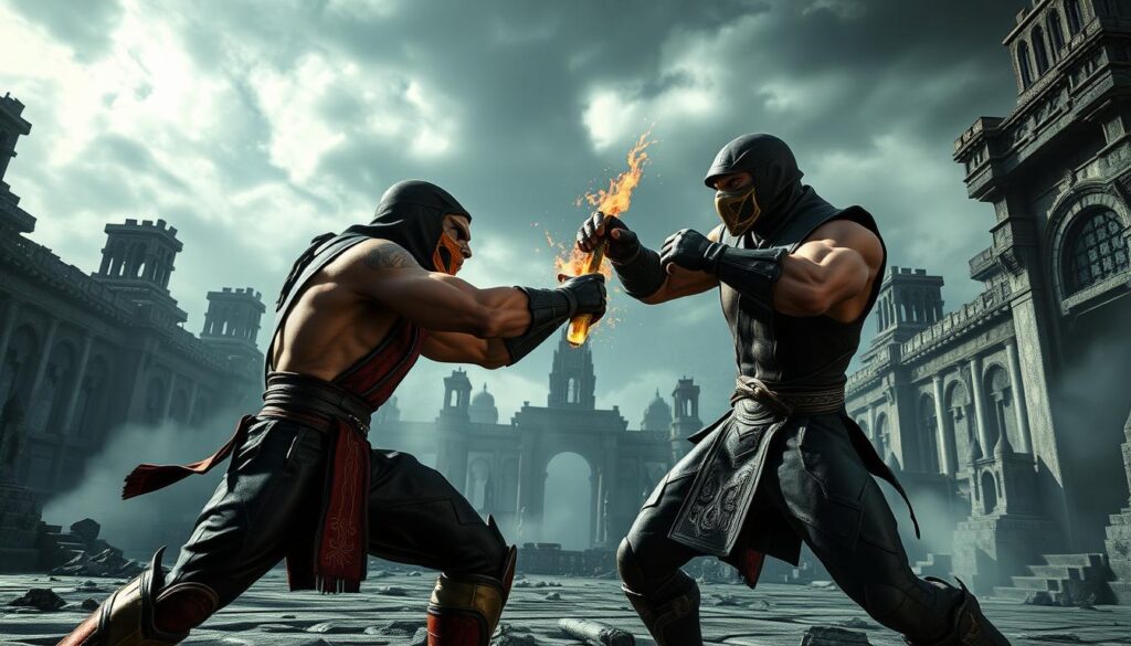 A fierce battle in an ancient, mystical arena. In the foreground, two iconic Mortal Kombat fighters clash, their powerful strikes and grapples captured in a dynamic, high-contrast composition. The fighters' costumes and features are rendered in vivid detail, exuding the franchise's signature gritty, hyper-realistic aesthetic. The middle ground is shrouded in an ominous haze, while the background depicts the arena's moody, otherworldly environment, with crumbling architecture and a brooding, stormy sky. The scene is lit by dramatic, dramatic chiaroscuro lighting, emphasizing the combatants' intense expressions and the visceral, visceral nature of the combat. An image that perfectly captures the thrilling, unforgettable essence of the Mortal Kombat franchise. A fierce battle in an ancient, mystical arena. In the foreground, two iconic Mortal Kombat fighters clash, their powerful strikes and grapples captured in a dynamic, high-contrast composition. The fighters' costumes and features are rendered in vivid detail, exuding the franchise's signature gritty, hyper-realistic aesthetic. The middle ground is shrouded in an ominous haze, while the background depicts the arena's moody, otherworldly environment, with crumbling architecture and a brooding, stormy sky. The scene is lit by dramatic, dramatic chiaroscuro lighting, emphasizing the combatants' intense expressions and the visceral, visceral nature of the combat. An image that perfectly captures the thrilling, unforgettable essence of the Mortal Kombat franchise.