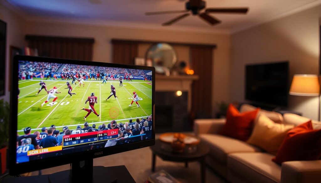 A live streaming event with a vibrant, dynamic atmosphere. In the foreground, a computer or mobile device prominently displays a live broadcast of an American football game, the players in crisp, high-definition detail. The middle ground features a living room setting, with comfortable furniture and warm lighting creating a cozy, inviting ambiance. In the background, subtle silhouettes of other household items suggest a relaxed, at-home environment. The overall scene conveys the excitement and convenience of watching a professional sports event live, from the comfort of one's own home, using a modern streaming platform.
