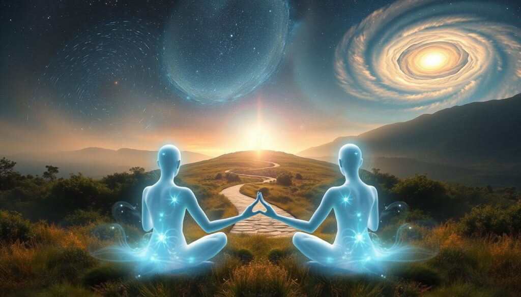 A serene, ethereal landscape with a glowing spiritual connection. In the foreground, two ethereal, luminous figures sit cross-legged, hands gently joined in a meditative pose, their auras intertwining in a delicate dance of energy. The middle ground features a winding path leading towards a distant, shimmering portal, surrounded by lush, mystical vegetation. The background showcases a vast, starry sky, with swirling nebulae and cosmic energies, creating a sense of boundless, transcendent space. Soft, diffused lighting bathes the scene, lending an atmosphere of tranquility and inner reflection. The overall mood is one of profound spiritual connection and a journey towards higher consciousness.