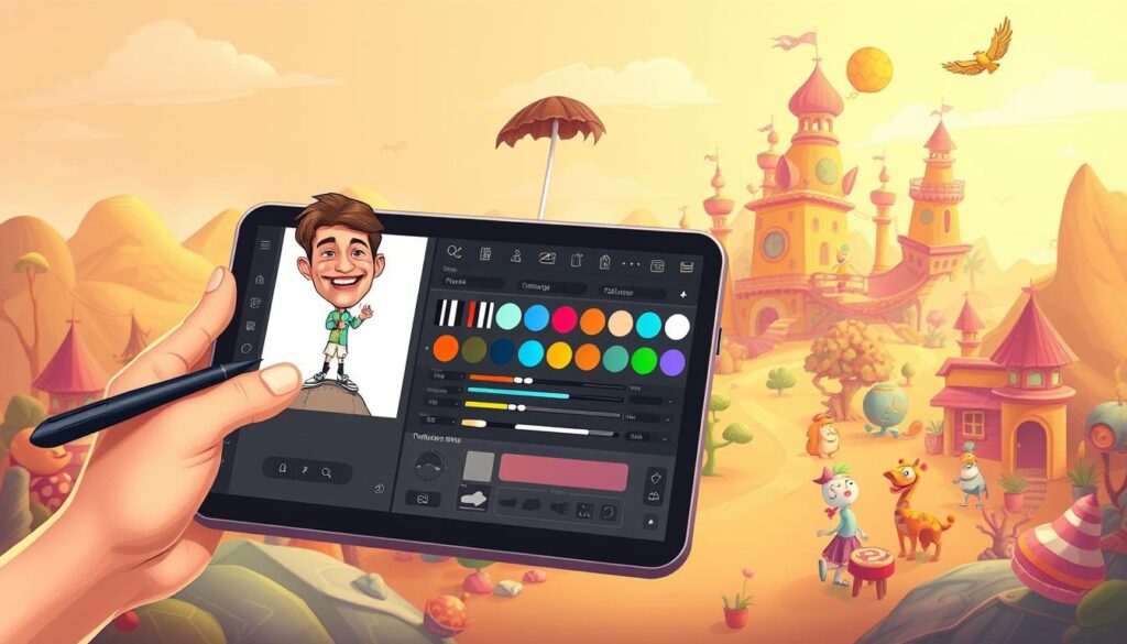 A whimsical caricature tool rendered in a warm, inviting palette. The foreground features a stylized artist's hand holding a digital drawing tablet, with a playful caricature figure emerging from the screen. The middle ground showcases an array of caricature-making tools, including a range of virtual brushes, color palettes, and intuitive adjustment sliders. The background depicts a vibrant, imaginative landscape filled with quirky, exaggerated elements that capture the spirit of caricature art. Soft, directional lighting creates depth and highlights the tool's user-friendly interface. An overall sense of creativity, ease, and amusement permeates the scene. A whimsical caricature tool rendered in a warm, inviting palette. The foreground features a stylized artist's hand holding a digital drawing tablet, with a playful caricature figure emerging from the screen. The middle ground showcases an array of caricature-making tools, including a range of virtual brushes, color palettes, and intuitive adjustment sliders. The background depicts a vibrant, imaginative landscape filled with quirky, exaggerated elements that capture the spirit of caricature art. Soft, directional lighting creates depth and highlights the tool's user-friendly interface. An overall sense of creativity, ease, and amusement permeates the scene.