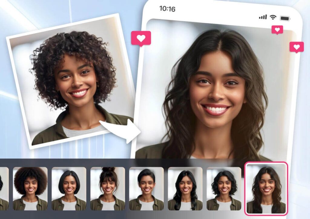 A sleek and modern hair styling simulator interface, with a stylized 3D model of a person's head positioned prominently in the center. The background is a clean, minimalist design with muted tones, placing the focus on the hair simulation. Soft, directional lighting casts subtle shadows, creating depth and dimension. The UI features intuitive controls and options for adjusting hair length, style, and color, all presented in a user-friendly and visually appealing layout. The overall impression is one of a high-quality, digital hair styling experience that seamlessly blends technology and aesthetic design.