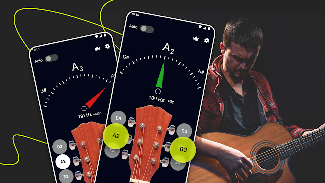 A step-by-step guide to using a digital tuner, featuring a close-up view of a guitar's neck and strings. The scene is illuminated by soft, natural lighting, creating a serene and focused atmosphere. The tuner display is prominently featured, showcasing its easy-to-read interface. The guitar's headstock and tuning pegs are visible, indicating the user's interaction with the instrument. The background is slightly blurred, drawing the viewer's attention to the central elements of the image. The overall composition conveys a sense of simplicity and clarity, reflecting the straightforward nature of the step-by-step instructions.