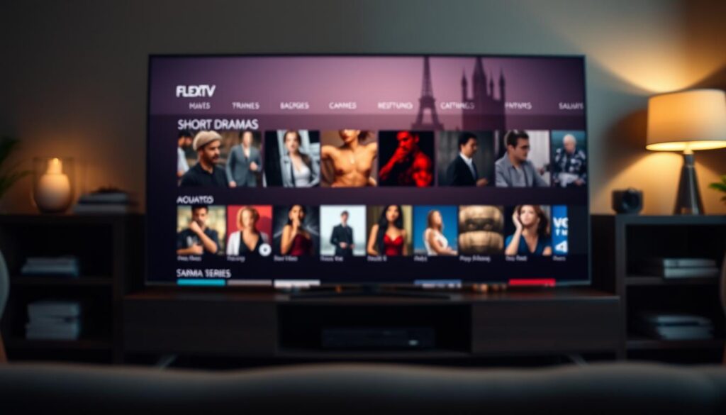 A cinematic, highly detailed image of the "FlexTV catalogo internacional dramas curtos" featuring a sleek, modern television interface showcasing a curated selection of short drama series from around the world. The foreground should depict the TV screen in sharp focus, with a sophisticated, minimalist UI design highlighting various international drama thumbnails. The middle ground should include the TV stand or cabinet, rendered with high-fidelity textures and materials, conveying a sense of premium quality. The background should be a softly blurred, ambient setting, perhaps a living room or home entertainment space, to establish a warm, cozy atmosphere suitable for enjoying short-form international dramas. A cinematic, highly detailed image of the "FlexTV catalogo internacional dramas curtos" featuring a sleek, modern television interface showcasing a curated selection of short drama series from around the world. The foreground should depict the TV screen in sharp focus, with a sophisticated, minimalist UI design highlighting various international drama thumbnails. The middle ground should include the TV stand or cabinet, rendered with high-fidelity textures and materials, conveying a sense of premium quality. The background should be a softly blurred, ambient setting, perhaps a living room or home entertainment space, to establish a warm, cozy atmosphere suitable for enjoying short-form international dramas.