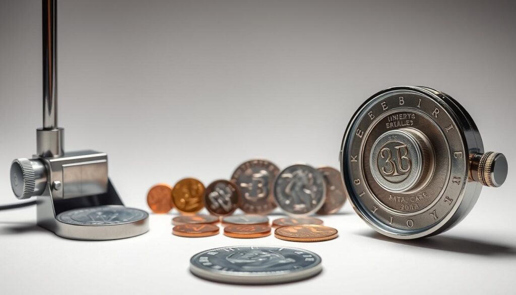 A high-resolution, photorealistic image of a coinoscópio, a specialized device for identifying rare coins. The device is shown in the foreground, with a clean, well-lit studio setup. The coinoscópio is crafted from polished stainless steel and glass, reflecting the light beautifully. In the middle ground, several antique coins are arranged in an orderly manner, showcasing the device's capabilities. The background is a neutral, soft-focus studio setting, allowing the coinoscópio and the coins to be the focal point. The overall scene conveys a sense of precision, expertise, and the thrill of discovering rare numismatic treasures. A high-resolution, photorealistic image of a coinoscópio, a specialized device for identifying rare coins. The device is shown in the foreground, with a clean, well-lit studio setup. The coinoscópio is crafted from polished stainless steel and glass, reflecting the light beautifully. In the middle ground, several antique coins are arranged in an orderly manner, showcasing the device's capabilities. The background is a neutral, soft-focus studio setting, allowing the coinoscópio and the coins to be the focal point. The overall scene conveys a sense of precision, expertise, and the thrill of discovering rare numismatic treasures.
