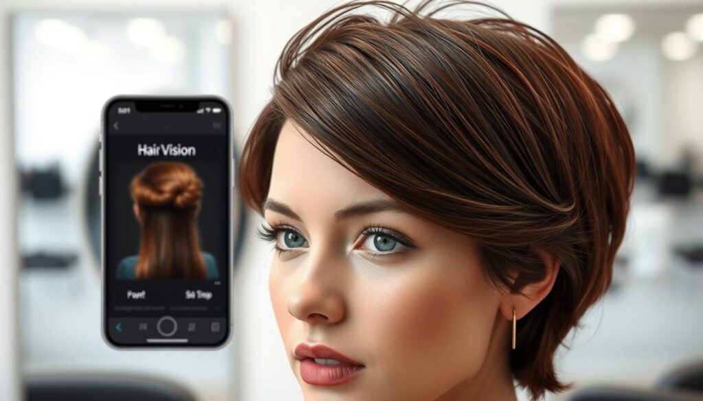 A highly detailed, photorealistic simulation of the iOS app "Hair Vision" that precisely visualizes a potential new hairstyle or hair color. The app's user interface is prominently displayed on a sleek, silver iPhone against a crisp white background. The foreground features a close-up of a model's face with their hair styled in the simulated look, captured in sharp focus and natural lighting. The background subtly hints at a professional salon setting, with hints of mirrors and shelving visible in soft focus. The overall mood is one of high-tech precision, personal transformation, and sophisticated style.