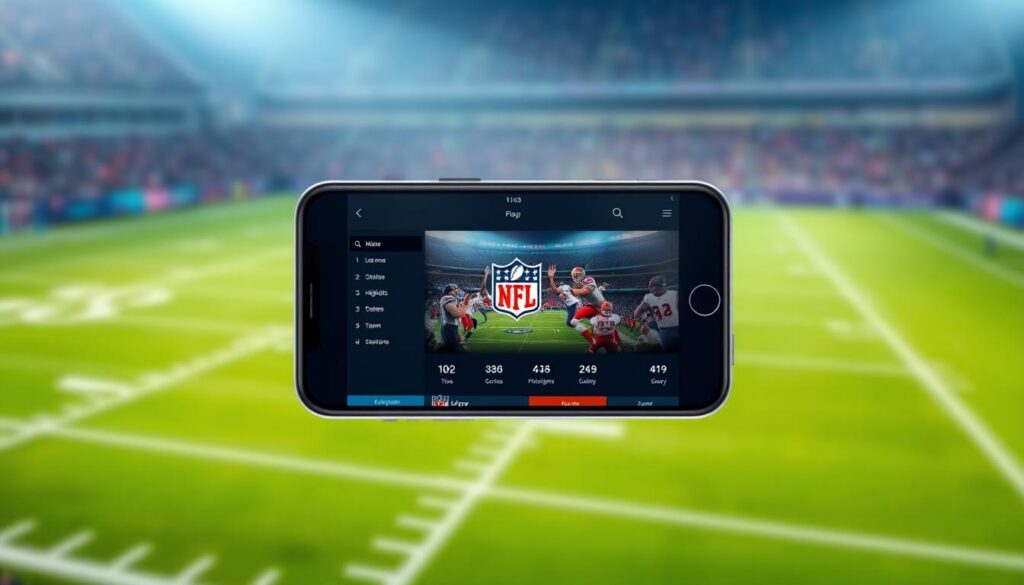 A modern, sleek mobile app interface for the official NFL app, designed for easy access to live games, scores, highlights, and team information. The screen shows a clean, minimalist design with a prominent NFL logo, intuitive navigation menu, and high-quality game footage in the center. The app is presented against a blurred, stadium-like background, conveying the excitement and immersion of the NFL experience. Bright, dynamic lighting emphasizes the app's features, creating a polished, professional look that invites the user to engage with the content. The overall mood is one of high-quality, user-friendly technology enhancing the thrill of the NFL playoffs. A modern, sleek mobile app interface for the official NFL app, designed for easy access to live games, scores, highlights, and team information. The screen shows a clean, minimalist design with a prominent NFL logo, intuitive navigation menu, and high-quality game footage in the center. The app is presented against a blurred, stadium-like background, conveying the excitement and immersion of the NFL experience. Bright, dynamic lighting emphasizes the app's features, creating a polished, professional look that invites the user to engage with the content. The overall mood is one of high-quality, user-friendly technology enhancing the thrill of the NFL playoffs.