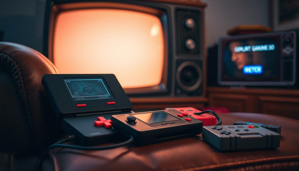 A retro-inspired scene showcasing the essential elements for an optimized vintage gaming experience. In the foreground, a classic handheld game console with a glowing display rests on a worn leather armchair. Neon-colored controllers and vintage game cartridges are scattered around, creating an immersive retro atmosphere. The middle ground features a warm, soft-focused lighting that casts a nostalgic glow, complemented by the subtle grain of an old television screen in the background. The overall composition evokes a sense of comfort, nostalgia, and a perfectly curated retro gaming setup, ready to transport the viewer to a bygone era of timeless entertainment. A retro-inspired scene showcasing the essential elements for an optimized vintage gaming experience. In the foreground, a classic handheld game console with a glowing display rests on a worn leather armchair. Neon-colored controllers and vintage game cartridges are scattered around, creating an immersive retro atmosphere. The middle ground features a warm, soft-focused lighting that casts a nostalgic glow, complemented by the subtle grain of an old television screen in the background. The overall composition evokes a sense of comfort, nostalgia, and a perfectly curated retro gaming setup, ready to transport the viewer to a bygone era of timeless entertainment.