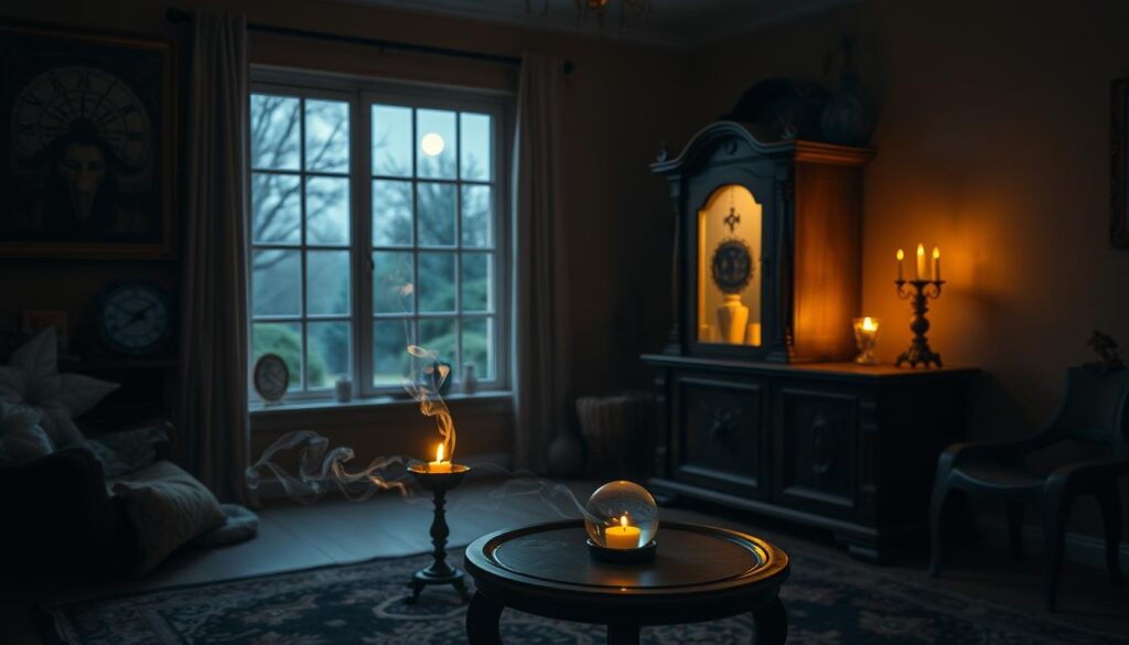 A serene, dimly lit room with a subtle spiritual atmosphere. In the foreground, a small table with a candle, incense, and a crystal ball. Soft, warm lighting casts a soothing glow, creating an inviting ambiance. Wispy, ethereal smoke swirls around the table, hinting at the presence of unseen energies. The middle ground features an ornate, antique cabinet with mystical symbols and talismans, suggesting a repository of ancient wisdom. In the background, a large window overlooks a peaceful, moonlit garden, providing a tranquil, natural backdrop. An air of contemplation and inner connection permeates the scene, encouraging a state of openness and receptivity to spiritual communication.