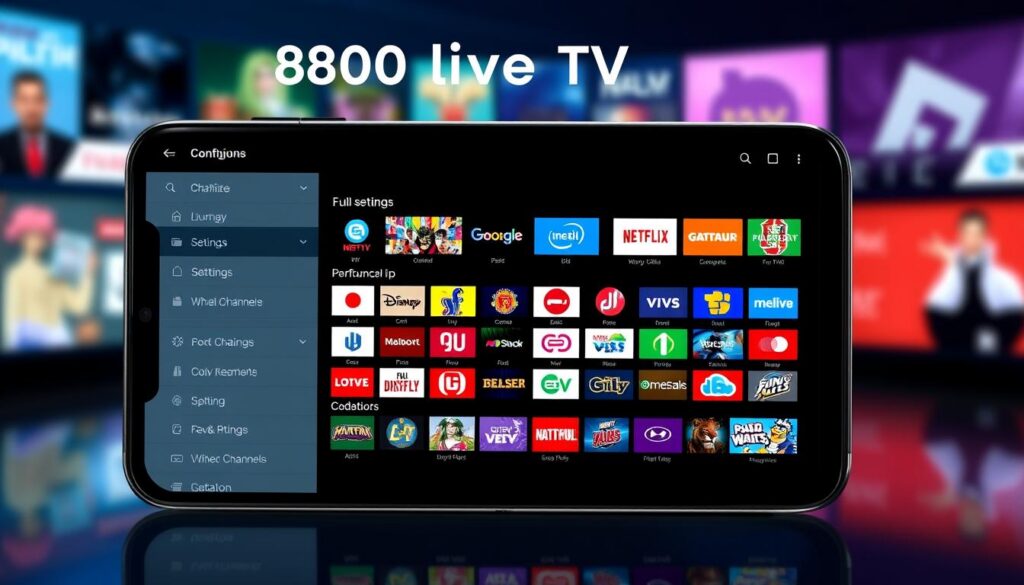 A sleek and modern mobile application interface, showcasing a grid of over 800 live TV channel icons in vibrant colors and clear resolution. The foreground features a central configuration menu with intuitive options to customize the app's settings, optimize performance, and access various features. The middle ground depicts a clean and uncluttered layout, allowing the user to easily navigate and browse the expansive channel selection. The background subtly suggests a technological ambiance, with a subtle gradient or textured pattern that complements the app's design. The overall aesthetic conveys a sense of accessibility, functionality, and a premium viewing experience for the user. A sleek and modern mobile application interface, showcasing a grid of over 800 live TV channel icons in vibrant colors and clear resolution. The foreground features a central configuration menu with intuitive options to customize the app's settings, optimize performance, and access various features. The middle ground depicts a clean and uncluttered layout, allowing the user to easily navigate and browse the expansive channel selection. The background subtly suggests a technological ambiance, with a subtle gradient or textured pattern that complements the app's design. The overall aesthetic conveys a sense of accessibility, functionality, and a premium viewing experience for the user.