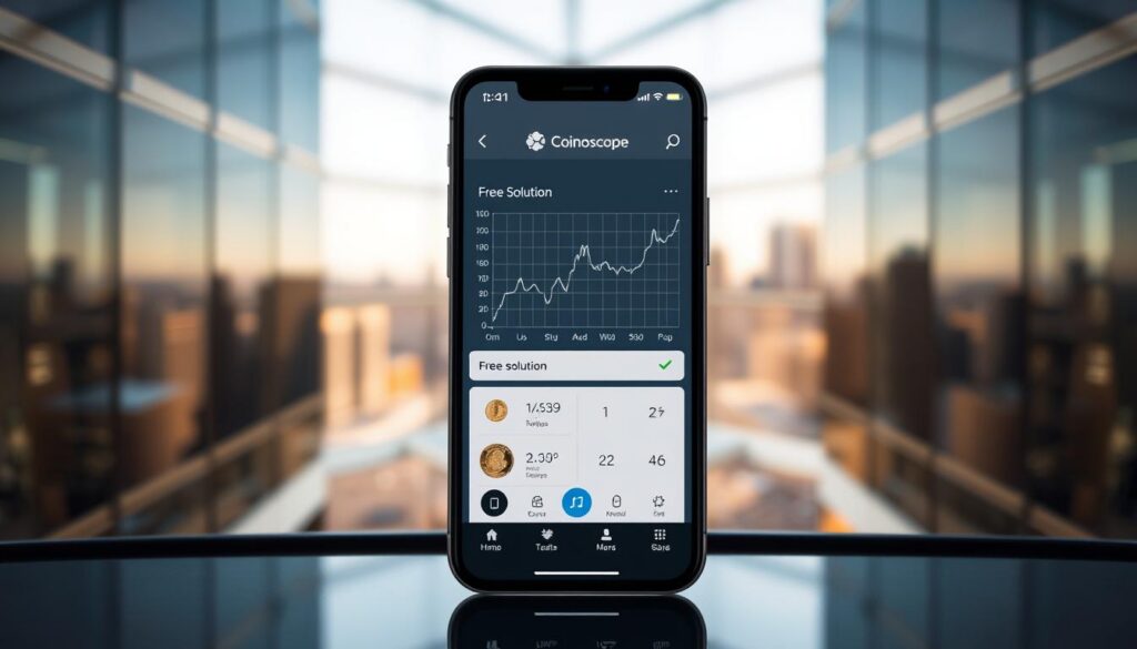 A sleek, modern mobile app interface showcasing the Coinoscope app's "Free Solution" feature. In the foreground, a close-up view of the app's clean, minimalist design, with a clear overview of the app's key functions and capabilities. The middle ground features an interactive graph or data visualization, highlighting the app's powerful coin analysis tools. In the background, a soft, blurred cityscape or abstract geometric pattern creates a sense of depth and sophistication. Warm, natural lighting illuminates the scene, conveying a sense of trustworthiness and professionalism. The overall mood is one of efficiency, clarity, and the empowerment of users to discover rare coins with ease.