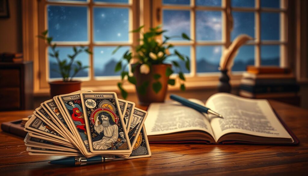 A tranquil study with warm lighting and a mystical ambiance. In the foreground, a detailed tarot card fan cascades across a wooden table, the arcane symbols and imagery evoking a sense of divination. Behind it, an open book with delicate pages and a quill pen, hinting at the process of planning and preparation. The background features a lush, potted plant and a window overlooking a serene, starry night sky, creating a contemplative and introspective atmosphere. The overall scene conveys a blend of intuition, study, and vision, setting the stage for an exploration of what the universe has in store for the year ahead.