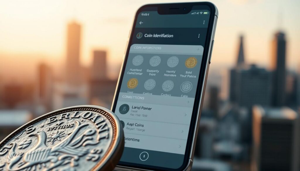 Detailed user interface for a coin identification app, displaying a clean and intuitive layout. In the foreground, a close-up of a vintage coin, its intricate details and texture captured with precision. The middle ground features a simple and elegant menu system, allowing the user to navigate various coin types and historical information. The background depicts a softly blurred cityscape, suggesting the app's portability and accessibility. Balanced lighting casts a warm, inviting glow across the scene, creating a sense of professionalism and authority. The overall atmosphere conveys a seamless blend of technology and numismatic expertise, designed to engage and inform the user. Detailed user interface for a coin identification app, displaying a clean and intuitive layout. In the foreground, a close-up of a vintage coin, its intricate details and texture captured with precision. The middle ground features a simple and elegant menu system, allowing the user to navigate various coin types and historical information. The background depicts a softly blurred cityscape, suggesting the app's portability and accessibility. Balanced lighting casts a warm, inviting glow across the scene, creating a sense of professionalism and authority. The overall atmosphere conveys a seamless blend of technology and numismatic expertise, designed to engage and inform the user.