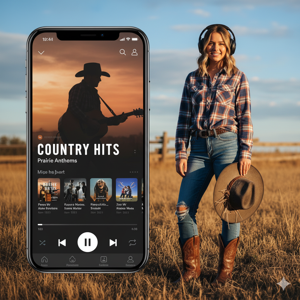 A cozy country music scene on Spotify, bathed in warm, golden light. In the foreground, a vintage analog radio sits atop a rustic wood table, its dials and knobs inviting interaction. Surrounding it, an array of country music memorabilia - a cowboy hat, a worn leather journal, and a collection of vinyl records. In the middle ground, a serene pastoral landscape unfolds, with rolling hills, a winding creek, and a lone oak tree silhouetted against a vibrant sunset sky. The overall atmosphere is one of comfort, nostalgia, and the joy of discovering new country tunes on the leading music streaming platform.