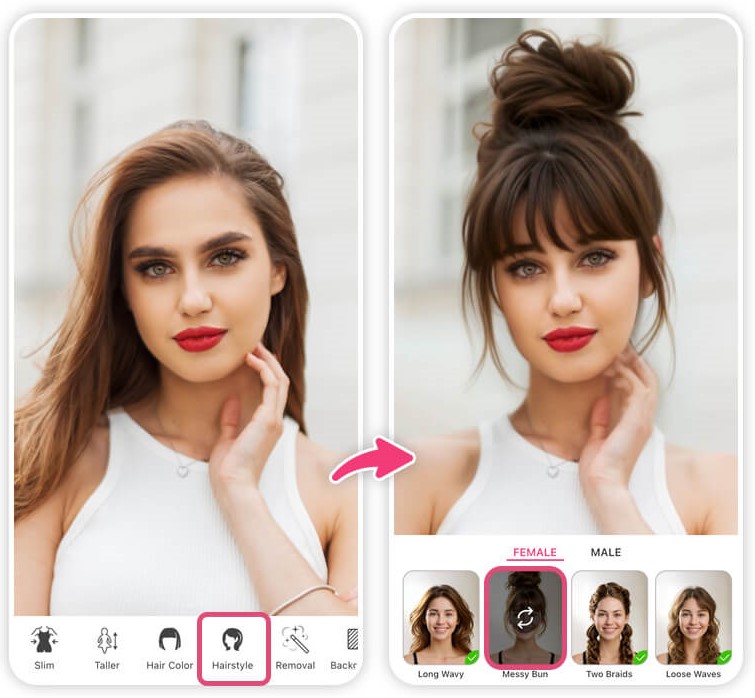 A well-lit, close-up portrait featuring a person's face with different hairstyles and formats overlaid using AI technology. The face appears smooth, slightly angled, and well-defined, showcasing various potential haircuts and styles that would suit the facial structure. The lighting is soft and diffused, creating an inviting and modern atmosphere. The background is blurred, keeping the focus on the face and hairstyles. The image conveys a sense of discovery and experimentation with personal style using artificial intelligence.