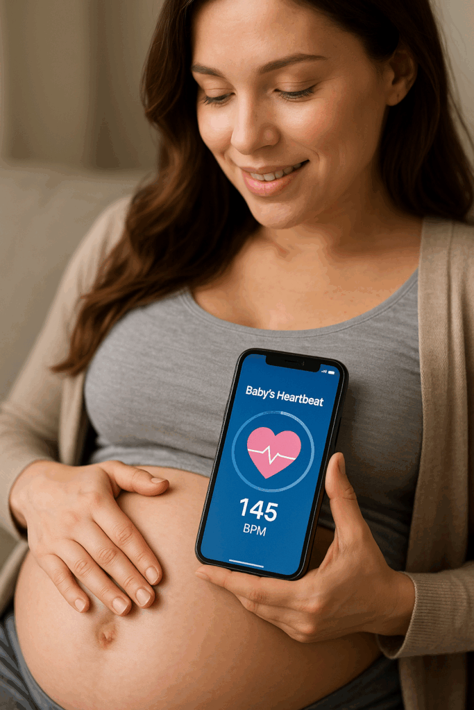 Sleek and modern smartphone interface displaying technical specifications for a pregnancy monitoring app. Crisp, high-resolution graphics in a minimalist, clean design. Elegant typography presents a list of hardware and software requirements in a user-friendly layout. Soft blue and white color palette evokes a calming, professional atmosphere. Subtle shadows and highlights add depth and dimensionality. Camera positioned at a slight angle to capture the screen at an engaging, eye-level perspective. Lighting is bright and evenly distributed, creating a bright, well-lit scene. Overall, the image conveys a sense of reliability, functionality and medical-grade quality for the app's technical features.