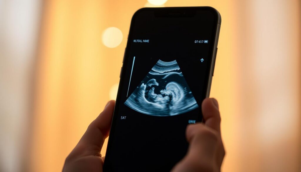 A close-up view of a smartphone screen displaying a medical ultrasound image. The screen is surrounded by a soft, ambient lighting that casts a warm glow, highlighting the details of the ultrasound. The image is sharp, with clear delineation of anatomical structures, enhanced by the application of AI-powered image processing algorithms. The background is slightly blurred, drawing the viewer's attention to the central ultrasound display. The overall mood is one of technological sophistication and medical precision, conveying the power of combining mobile devices and artificial intelligence to improve the quality of prenatal care. A close-up view of a smartphone screen displaying a medical ultrasound image. The screen is surrounded by a soft, ambient lighting that casts a warm glow, highlighting the details of the ultrasound. The image is sharp, with clear delineation of anatomical structures, enhanced by the application of AI-powered image processing algorithms. The background is slightly blurred, drawing the viewer's attention to the central ultrasound display. The overall mood is one of technological sophistication and medical precision, conveying the power of combining mobile devices and artificial intelligence to improve the quality of prenatal care.