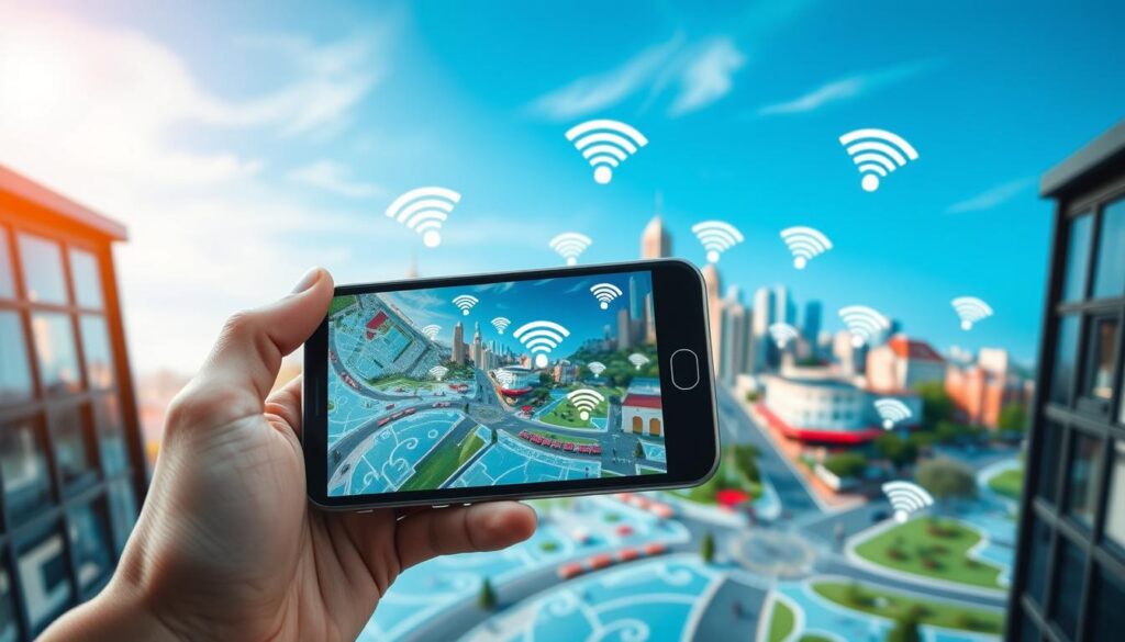 A detailed and vibrant map visualizing various WiFi networks in a modern urban environment. In the foreground, a sleek smartphone is held by a hand, displaying the app interface that shows available WiFi connections. The middle layer features a stylized cityscape with buildings, parks, and cafes, each marked with glowing WiFi signal icons. The background shows a clear blue sky with soft, diffused lighting to enhance the urban atmosphere. The scene is captured from a slight high angle, giving a dynamic perspective that suggests connectivity and accessibility. The mood is optimistic and tech-savvy, perfect for illustrating the ease and freedom of connecting to WiFi anywhere. A detailed and vibrant map visualizing various WiFi networks in a modern urban environment. In the foreground, a sleek smartphone is held by a hand, displaying the app interface that shows available WiFi connections. The middle layer features a stylized cityscape with buildings, parks, and cafes, each marked with glowing WiFi signal icons. The background shows a clear blue sky with soft, diffused lighting to enhance the urban atmosphere. The scene is captured from a slight high angle, giving a dynamic perspective that suggests connectivity and accessibility. The mood is optimistic and tech-savvy, perfect for illustrating the ease and freedom of connecting to WiFi anywhere.