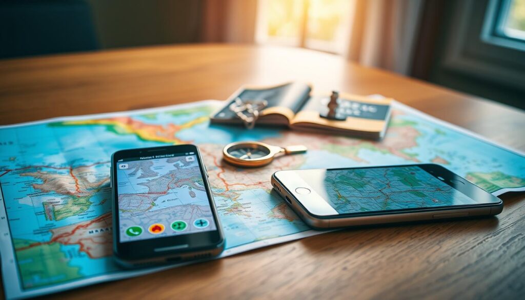 A detailed offline navigation map spread across a wooden table, showcasing vibrant colors and intricate topographical features. In the foreground, a pair of high-quality smartphones displaying the MAPS.ME and Sygic apps, oriented at an angle to highlight their user-friendly interfaces. The middle ground features a compass and a travel guide, symbolizing adventure and exploration. In the background, soft natural lighting pours in from a nearby window, creating a warm and inviting atmosphere that evokes the thrill of travel. The entire composition emphasizes clarity and usability of the maps, and the feel of a serene, well-prepared journey into the great outdoors.