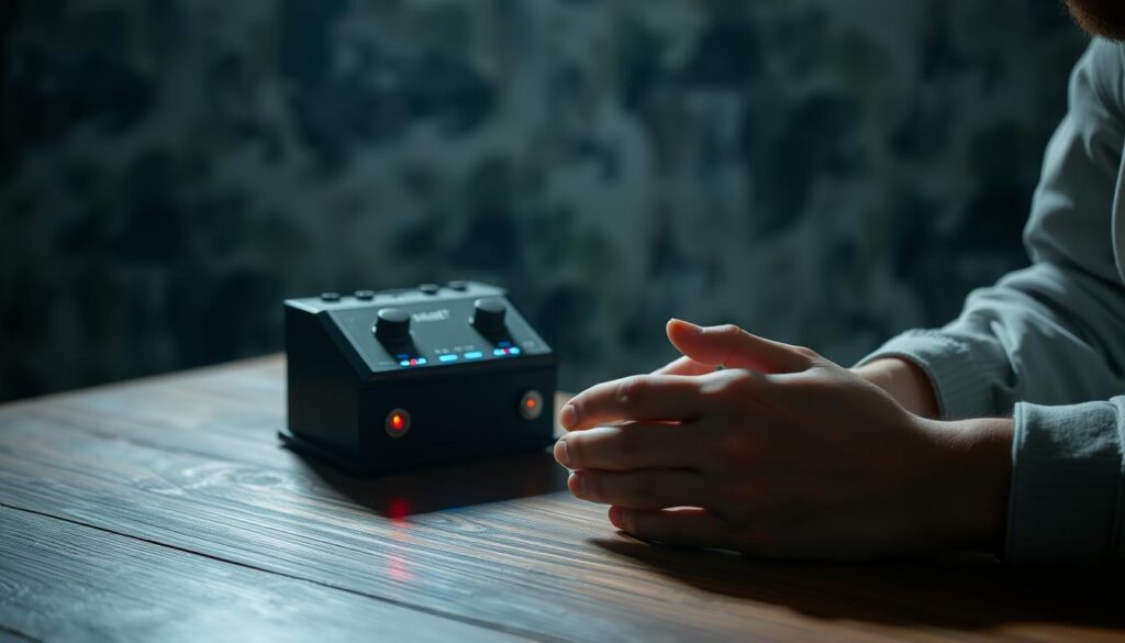 A dimly lit room, with a spirit box device sitting on a wooden table, its LED lights blinking softly. The user's hands are gently holding the device, their expression one of concentration and introspection. The background is hazy, creating an atmosphere of mystery and the unknown. Diffused lighting casts subtle shadows, highlighting the texture of the spirit box and the user's hands. The overall scene evokes a sense of quiet exploration, as the user delves into the possibilities of communicating with the spiritual realm. A dimly lit room, with a spirit box device sitting on a wooden table, its LED lights blinking softly. The user's hands are gently holding the device, their expression one of concentration and introspection. The background is hazy, creating an atmosphere of mystery and the unknown. Diffused lighting casts subtle shadows, highlighting the texture of the spirit box and the user's hands. The overall scene evokes a sense of quiet exploration, as the user delves into the possibilities of communicating with the spiritual realm.