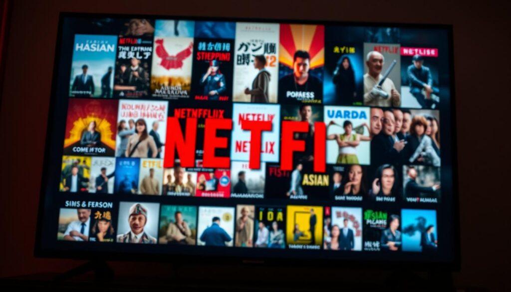 A large, modern television screen displaying a diverse selection of Asian films and television series on the Netflix streaming platform. In the foreground, the Netflix logo is prominently featured, illuminated by a soft, warm light. The middle ground showcases a collage of vibrant, cinematic movie posters and program thumbnails, reflecting the depth and breadth of Asian content available. The background is blurred, creating a sense of depth and focus on the streaming service. The lighting is balanced, with a subtle cinematic quality, highlighting the high-quality visuals of the Asian media content. The overall composition conveys a sense of accessibility, diversity, and the rising global popularity of Asian entertainment on a leading streaming platform. A large, modern television screen displaying a diverse selection of Asian films and television series on the Netflix streaming platform. In the foreground, the Netflix logo is prominently featured, illuminated by a soft, warm light. The middle ground showcases a collage of vibrant, cinematic movie posters and program thumbnails, reflecting the depth and breadth of Asian content available. The background is blurred, creating a sense of depth and focus on the streaming service. The lighting is balanced, with a subtle cinematic quality, highlighting the high-quality visuals of the Asian media content. The overall composition conveys a sense of accessibility, diversity, and the rising global popularity of Asian entertainment on a leading streaming platform.