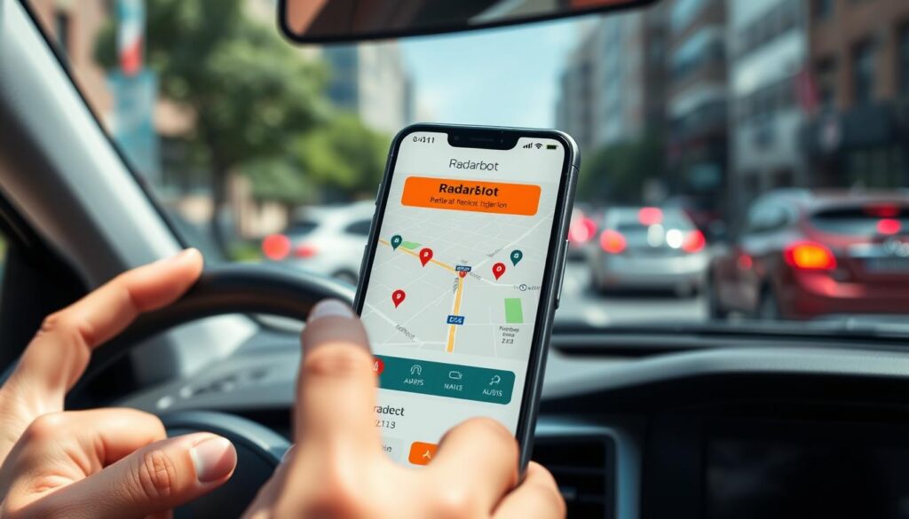 A modern smartphone displaying the interface of the Radarbot navigation app, prominently featuring a radar detection alert. In the foreground, fingers are interacting with the screen, showcasing a dynamic map overlay with pinpointed radar locations and driving routes. The middle ground includes a blurred view of a car dashboard, emphasizing the app's practical use while driving. The background shows a bustling urban street scene with blurred car movement, creating a sense of active navigation. The scene is lit with natural daylight, creating a crisp and hopeful atmosphere. Use a shallow depth of field to focus on the smartphone screen, capturing the technology's relevance in modern driving.