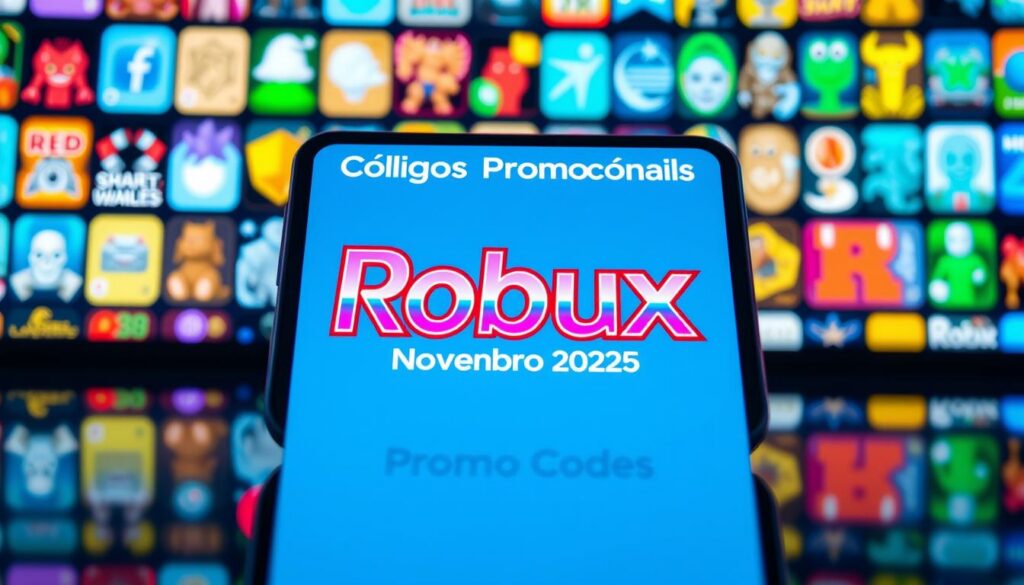 A neon-lit digital backdrop showcasing a vibrant array of Roblox game icons, with a prominent central display featuring the text "Códigos Promocionais Robux Novembro 2025" in a sleek, futuristic font. The foreground is dominated by a smartphone screen, showcasing a clean and intuitive interface for accessing and redeeming the latest Roblox promo codes. The overall scene radiates a sense of excitement and opportunity, with a futuristic, technologically advanced aesthetic that captures the essence of the mobile gaming experience. A neon-lit digital backdrop showcasing a vibrant array of Roblox game icons, with a prominent central display featuring the text "Códigos Promocionais Robux Novembro 2025" in a sleek, futuristic font. The foreground is dominated by a smartphone screen, showcasing a clean and intuitive interface for accessing and redeeming the latest Roblox promo codes. The overall scene radiates a sense of excitement and opportunity, with a futuristic, technologically advanced aesthetic that captures the essence of the mobile gaming experience.