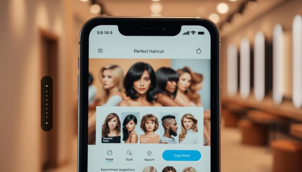 A sleek, modern app interface showcasing the key features for finding the perfect haircut. In the foreground, a clean, minimalist display with large, easy-to-navigate icons representing tools like virtual try-on, style recommendations, and appointment booking. In the middle ground, a carousel of diverse hair models demonstrating the app's personalized style suggestions. The background features a blurred, warm-toned beauty salon setting, hinting at the app's real-world salon integration. Soft, directional lighting accentuates the interface's streamlined design and intuitive user experience. An elegant, contemporary aesthetic that visually communicates the app's purpose of empowering users to discover their ideal new hairstyle. A sleek, modern app interface showcasing the key features for finding the perfect haircut. In the foreground, a clean, minimalist display with large, easy-to-navigate icons representing tools like virtual try-on, style recommendations, and appointment booking. In the middle ground, a carousel of diverse hair models demonstrating the app's personalized style suggestions. The background features a blurred, warm-toned beauty salon setting, hinting at the app's real-world salon integration. Soft, directional lighting accentuates the interface's streamlined design and intuitive user experience. An elegant, contemporary aesthetic that visually communicates the app's purpose of empowering users to discover their ideal new hairstyle.
