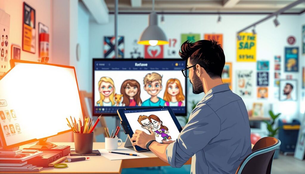 A step-by-step illustration of creating a caricature using AI. In the foreground, an artist sits at a colorful workspace, focusing on a digital drawing tablet displaying a vibrant caricature in progress. To the left, an array of sketching tools and digital design software icons symbolize the creative process. In the middle ground, a large screen showcases different caricature styles, from playful to exaggerated expressions, while a bright, cheerful light illuminates the scene, creating a warm, inviting atmosphere. In the background, a soft blurred depiction of a modern studio with art supplies and inspirational posters reflects the creative environment. The overall mood is fun and engaging, inspiring viewers to explore their artistic abilities with AI technology.
