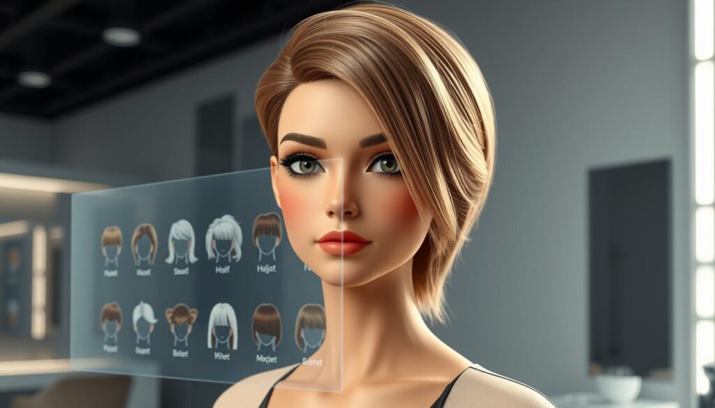 A stylish, lifelike avatar with a photorealistic face stands before a sleek, minimalist virtual salon backdrop. The avatar's head is tilted slightly, eyes focused intently as a translucent, holographic menu floats in front of them, displaying a variety of hair styles and colors. The avatar's current hairstyle fades seamlessly into the background, creating an immersive, futuristic experience that hints at the boundless possibilities of AI-powered hair experimentation. Soft, directional lighting illuminates the scene, lending a sense of depth and realism to the digital environment. The overall mood is one of anticipation and innovation, capturing the transformative potential of this new era of avatar-driven hair design.