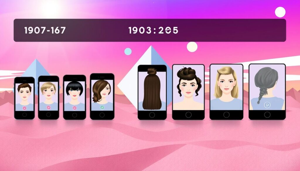 A stylized, digital illustration depicting the historical evolution and updates of hair styling apps. In the foreground, a series of smartphone screens showcase different app interfaces and hairstyle options, arranged in a grid layout. The middle ground features abstract geometric shapes and patterns, representing the technological advancements driving these app updates. In the background, a vibrant, gradient-filled sky sets an energetic, futuristic tone. The overall composition conveys a sense of progress, innovation, and the ever-changing nature of digital self-expression. A stylized, digital illustration depicting the historical evolution and updates of hair styling apps. In the foreground, a series of smartphone screens showcase different app interfaces and hairstyle options, arranged in a grid layout. The middle ground features abstract geometric shapes and patterns, representing the technological advancements driving these app updates. In the background, a vibrant, gradient-filled sky sets an energetic, futuristic tone. The overall composition conveys a sense of progress, innovation, and the ever-changing nature of digital self-expression.
