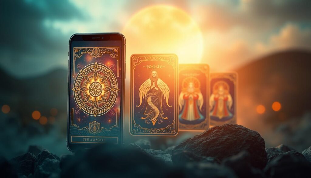 A stylized tarot card app interface with a detailed illustration of a tarot card in the center, surrounded by secondary tarot cards in a dynamic layout. The foreground features a glowing, ethereal tarot card with intricate symbolism and a mysterious, otherworldly atmosphere. The middle ground showcases additional tarot cards in a sleek, intuitive app design, while the background depicts a softly blurred, mystical landscape setting the stage for a transformative tarot reading experience. Warm, subtle lighting casts a contemplative glow, and the overall composition conveys a sense of guidance, wisdom, and the enchanting power of the ancient art of tarot divination.