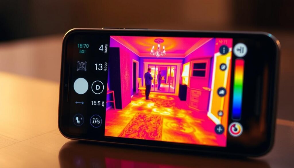 A thermal camera application displayed on a smartphone screen. The foreground shows the device's interface with temperature readings, color-coded heat mapping, and various camera settings and controls. The middle ground depicts a realistic thermal image of a room, with people and objects clearly visible through the heat signatures. The background showcases the smartphone's sleek design, with a subtle reflection of the screen visible. The lighting is warm and natural, mimicking the thermal imaging effect. The overall mood is one of technological sophistication and scientific inquiry, highlighting the practical application of thermal imaging technology in a mobile context. A thermal camera application displayed on a smartphone screen. The foreground shows the device's interface with temperature readings, color-coded heat mapping, and various camera settings and controls. The middle ground depicts a realistic thermal image of a room, with people and objects clearly visible through the heat signatures. The background showcases the smartphone's sleek design, with a subtle reflection of the screen visible. The lighting is warm and natural, mimicking the thermal imaging effect. The overall mood is one of technological sophistication and scientific inquiry, highlighting the practical application of thermal imaging technology in a mobile context.