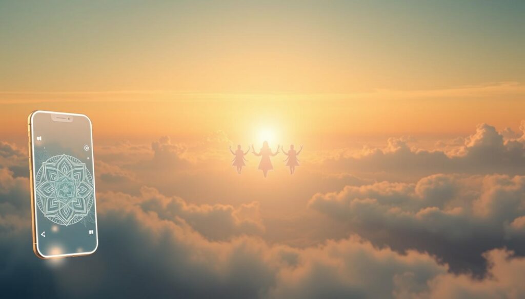 A tranquil, ethereal landscape with a serene, glowing spiritual application interface floating in the foreground. The interface displays intricate, abstract iconography and soft, ambient light. In the middle ground, a group of benevolent, translucent spirit guides hover peacefully, radiating a calming presence. The background depicts a vast, otherworldly realm with shimmering, celestial clouds and a warm, diffused light source illuminating the scene. The overall atmosphere is one of contemplation, connection, and the profound union between the physical and spiritual realms. A tranquil, ethereal landscape with a serene, glowing spiritual application interface floating in the foreground. The interface displays intricate, abstract iconography and soft, ambient light. In the middle ground, a group of benevolent, translucent spirit guides hover peacefully, radiating a calming presence. The background depicts a vast, otherworldly realm with shimmering, celestial clouds and a warm, diffused light source illuminating the scene. The overall atmosphere is one of contemplation, connection, and the profound union between the physical and spiritual realms.