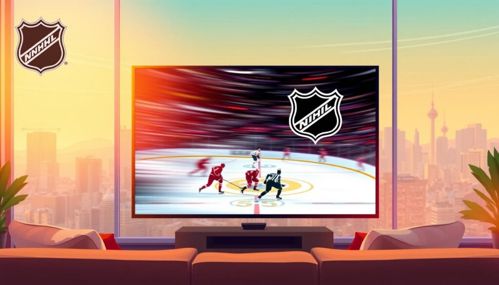 A vibrant and dynamic illustration showcasing the live broadcast of NHL games in Brazil. In the foreground, a large HD television screen displays the intense action of an ice hockey match, the players' movements captured in a blur of motion. In the middle ground, a cozy living room setting with a comfortable couch and chairs, inviting viewers to settle in and enjoy the game. The background features a city skyline with recognizable landmarks, indicating the Brazilian location. Warm lighting and a sense of excitement fill the scene, capturing the thrill of watching the NHL live in Brazil.
