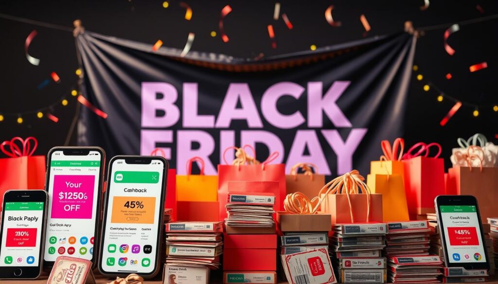 A vibrant collage of mobile apps and digital coupons against a backdrop of a dramatic Black Friday sale. In the foreground, an array of smartphone screens displaying various cashback and discount offers, their icons and UI elements crisp and inviting. The middle ground features stacks of virtual shopping bags, overflowing with savings. In the distance, a stylized Black Friday banner unfurls, its bold typography and vivid colors creating a sense of excitement and anticipation. The scene is illuminated by a warm, diffused lighting, casting a cozy, festive glow. The overall composition conveys the idea of effortless, compounded savings through the strategic use of mobile apps and digital coupons during the Black Friday shopping frenzy. A vibrant collage of mobile apps and digital coupons against a backdrop of a dramatic Black Friday sale. In the foreground, an array of smartphone screens displaying various cashback and discount offers, their icons and UI elements crisp and inviting. The middle ground features stacks of virtual shopping bags, overflowing with savings. In the distance, a stylized Black Friday banner unfurls, its bold typography and vivid colors creating a sense of excitement and anticipation. The scene is illuminated by a warm, diffused lighting, casting a cozy, festive glow. The overall composition conveys the idea of effortless, compounded savings through the strategic use of mobile apps and digital coupons during the Black Friday shopping frenzy.