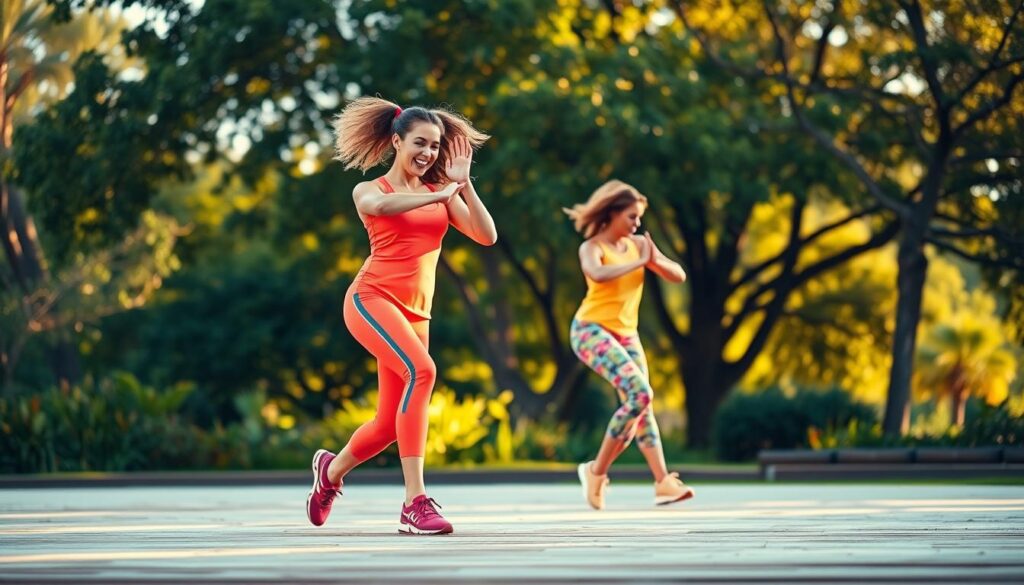 A vibrant, dynamic scene of a woman performing Zumba dance moves in an open, outdoor setting. The foreground features the dancer, dressed in brightly colored activewear, executing a series of fluid, energetic steps and kicks. The middle ground shows a natural, lush backdrop, perhaps a park or garden, with trees and foliage providing a serene, peaceful environment. The lighting is warm and golden, creating a sense of joyful, carefree movement. The camera angle is slightly elevated, capturing the dancer from a three-quarter perspective, emphasizing the graceful, rhythmic flow of the routine. The overall mood is one of unbridled enthusiasm, physical vitality, and the freedom to practice Zumba anytime, anywhere. A vibrant, dynamic scene of a woman performing Zumba dance moves in an open, outdoor setting. The foreground features the dancer, dressed in brightly colored activewear, executing a series of fluid, energetic steps and kicks. The middle ground shows a natural, lush backdrop, perhaps a park or garden, with trees and foliage providing a serene, peaceful environment. The lighting is warm and golden, creating a sense of joyful, carefree movement. The camera angle is slightly elevated, capturing the dancer from a three-quarter perspective, emphasizing the graceful, rhythmic flow of the routine. The overall mood is one of unbridled enthusiasm, physical vitality, and the freedom to practice Zumba anytime, anywhere.