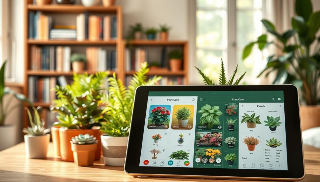 A visually engaging comparison of various plant care applications displayed on a sleek tablet in a cozy home environment. In the foreground, showcase the tablet screen with user-friendly interfaces from different apps, each featuring vibrant images of plants. The middle layer should include a stylish indoor setting with potted plants of various species, like succulents and ferns, in natural light. In the background, soft-focus bookshelves filled with gardening books and a hint of greenery outside the window, creating a serene, inviting atmosphere. The lighting is warm and inviting, suggesting a peaceful afternoon at home. Focus on the modern design of the app interfaces, emphasizing usability and functionality, while ensuring the entire scene is free of any text, ensuring clarity and professionalism.