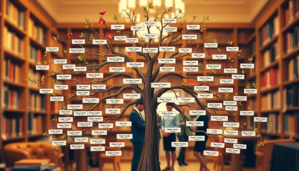 A visually engaging illustration of the FamilySearch genealogy platform. In the foreground, feature a detailed and vibrant family tree with branching lines connecting names, symbolizing various familial relationships. Include visual elements such as leaves or blossoms on the tree to signify growth and ancestry. In the middle ground, display a diverse group of people in professional business attire, studying the family tree together, depicting collaboration and discovery. The background should show a blurred library or study room ambiance filled with books, hinting at research and exploration. Use soft, warm lighting to create an inviting atmosphere, and a slightly elevated angle for a comprehensive view of the scene, capturing the essence of uncovering one’s heritage.