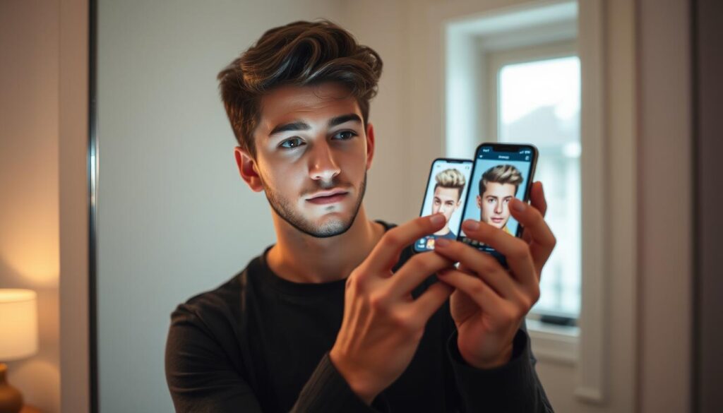 A young man standing in front of a mirror, intently examining different hairstyles on a smartphone app. The room is well-lit, with soft, warm lighting filtering in from a nearby window. The man's expression is one of contemplation, as he considers how each virtual style would suit his face and desired look. The background is slightly blurred, placing the focus on the man's thoughtful engagement with the app. An aura of anticipation and the promise of a transformed appearance permeates the scene. A young man standing in front of a mirror, intently examining different hairstyles on a smartphone app. The room is well-lit, with soft, warm lighting filtering in from a nearby window. The man's expression is one of contemplation, as he considers how each virtual style would suit his face and desired look. The background is slightly blurred, placing the focus on the man's thoughtful engagement with the app. An aura of anticipation and the promise of a transformed appearance permeates the scene.