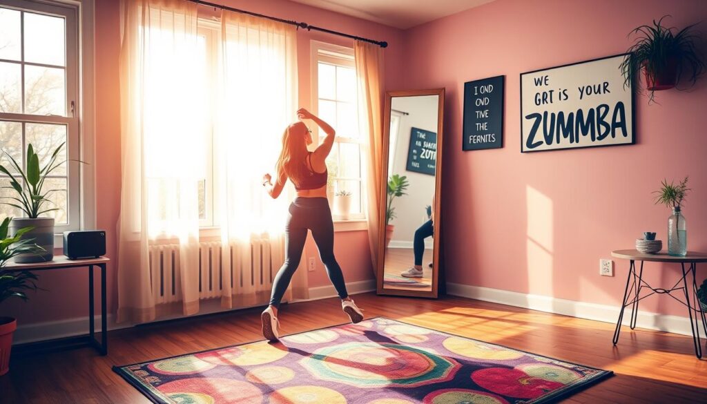 Cozy and vibrant home workout space for Zumba dancing. Hardwood floors, full-length mirror on the wall, and a colorful rug in the foreground. Bright natural lighting streams through large windows, casting a warm glow. On the side, a small table with a speaker system and a water bottle. Motivational wall art and plants add to the inviting, energetic atmosphere. The scene exudes a sense of freedom, movement, and health-conscious lifestyle.