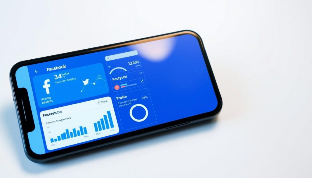 Detailed digital illustration of a smartphone screen displaying various Facebook application icons and analysis metrics, set against a clean, minimalist background. The foreground features a sleek, modern device with a crisp, high-resolution display showcasing analytical data on user activity, engagement, and profile insights. The middle ground subtly incorporates Facebook's branding elements, while the background employs a soft, neutral palette to maintain a professional, informative tone. Cinematic lighting casts subtle shadows, emphasizing the technological nature of the scene. A high-quality, commercially viable image suitable for an article on Facebook analytics applications. Detailed digital illustration of a smartphone screen displaying various Facebook application icons and analysis metrics, set against a clean, minimalist background. The foreground features a sleek, modern device with a crisp, high-resolution display showcasing analytical data on user activity, engagement, and profile insights. The middle ground subtly incorporates Facebook's branding elements, while the background employs a soft, neutral palette to maintain a professional, informative tone. Cinematic lighting casts subtle shadows, emphasizing the technological nature of the scene. A high-quality, commercially viable image suitable for an article on Facebook analytics applications.