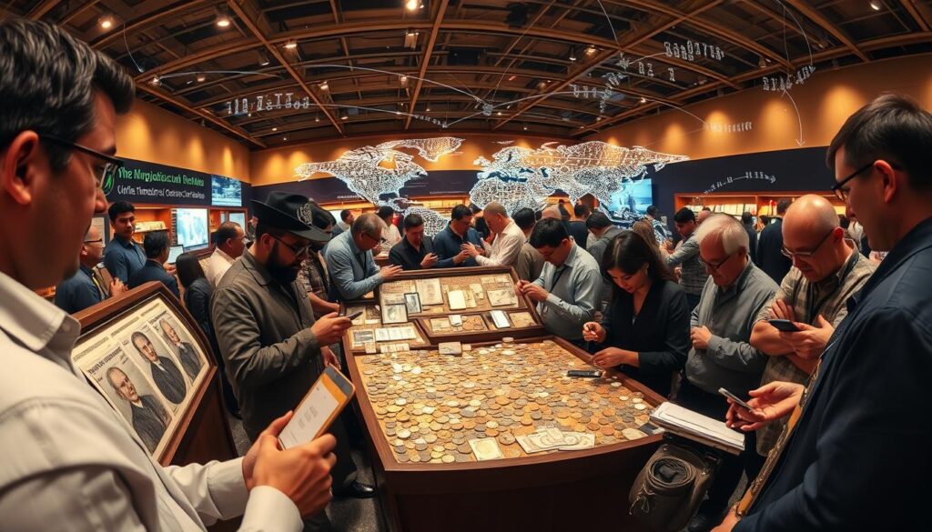Detailed panoramic view of a global numismatic community. In the foreground, a diverse group of coin collectors examining and discussing rare specimens with enthusiasm. In the middle ground, displays showcasing a wide variety of antique and contemporary currencies, each with its own unique history and value. In the background, a seamless digital network connecting collectors worldwide, facilitating real-time exchanges of knowledge, insights, and trading opportunities. Warm lighting illuminates the scene, creating an atmosphere of shared passion and intellectual curiosity. Captured with a wide-angle lens to convey the scale and interconnectedness of this vibrant global community. Detailed panoramic view of a global numismatic community. In the foreground, a diverse group of coin collectors examining and discussing rare specimens with enthusiasm. In the middle ground, displays showcasing a wide variety of antique and contemporary currencies, each with its own unique history and value. In the background, a seamless digital network connecting collectors worldwide, facilitating real-time exchanges of knowledge, insights, and trading opportunities. Warm lighting illuminates the scene, creating an atmosphere of shared passion and intellectual curiosity. Captured with a wide-angle lens to convey the scale and interconnectedness of this vibrant global community.