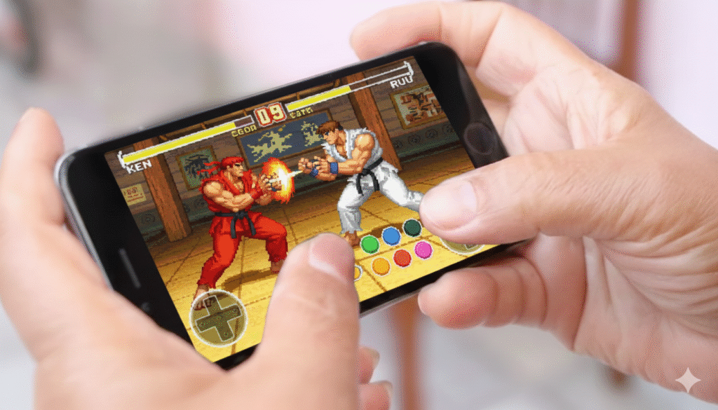 Retro gaming app interface set in a nostalgic, pixelated landscape. Vibrant colors and retro visual elements create an immersive, vintage atmosphere. The foreground features a sleek, minimalist game selection screen with classic game icons. The middle ground showcases vintage game consoles and controllers, hinting at the breadth of retro gaming options. The background is filled with retro gaming memorabilia, neon-lit arcade cabinets, and a faded pixel-art mural that evokes a bygone era. Soft, warm lighting casts a cozy glow over the entire scene, inviting the viewer to step into this portal to the past.