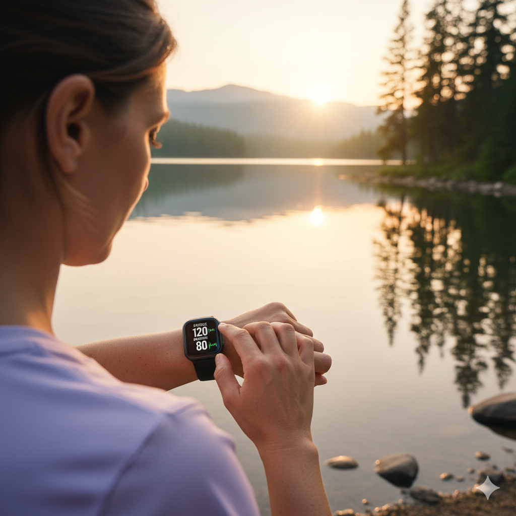 A wrist-mounted smartwatch positioned correctly on a human wrist, capturing a close-up, high-resolution view. The smartwatch display shows a blood pressure reading interface, with clean and intuitive design elements. The wrist skin texture is realistically rendered, with natural lighting and shadows accentuating the contours. The background is blurred, keeping the focus on the smartwatch and its proper placement on the wrist. The overall mood is clinical yet approachable, conveying a sense of reliable health monitoring technology integrated seamlessly with the human body.